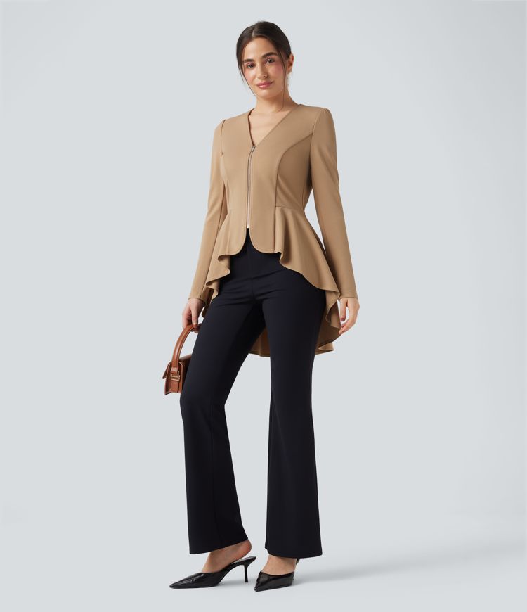 Abrigo de oficina de cuello en V de manga larga con dobladillo fruncido asimétrico