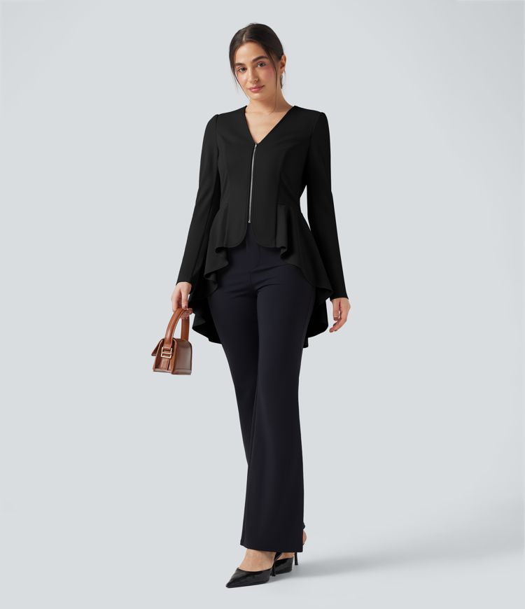 V Neck Long Sleeve Ruffe Hem High Low Work Coat