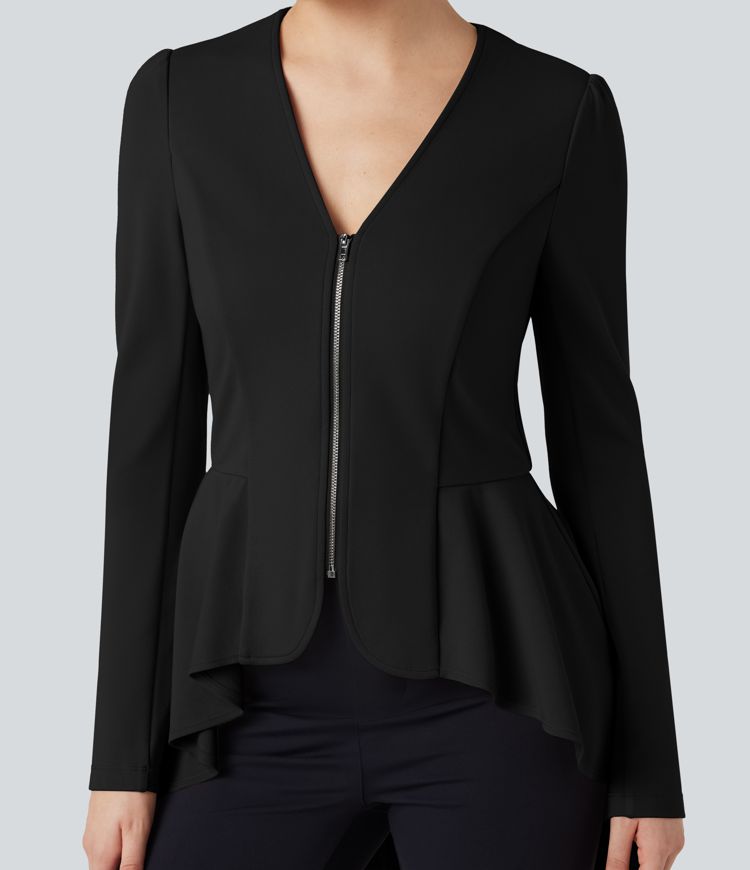 V Neck Long Sleeve Ruffe Hem High Low Work Coat