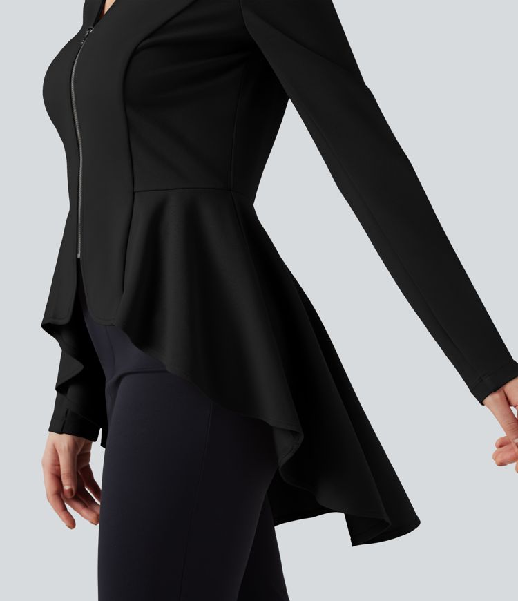 V Neck Long Sleeve Ruffe Hem High Low Work Coat