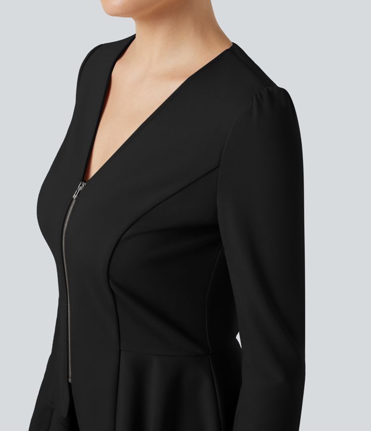 V Neck Long Sleeve Ruffe Hem High Low Work Coat