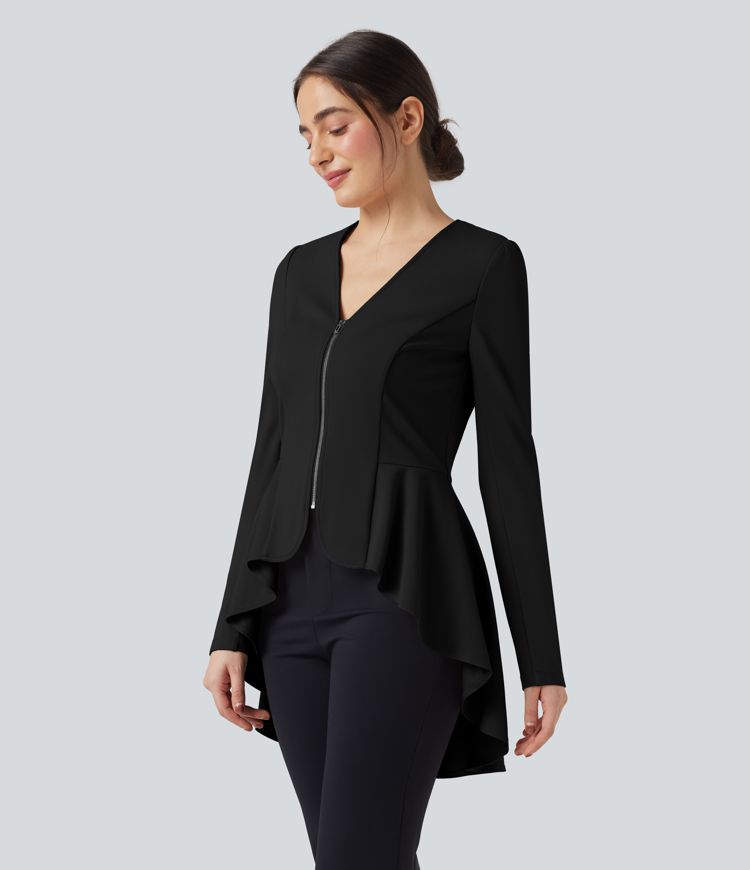 V Neck Long Sleeve Ruffe Hem High Low Work Coat