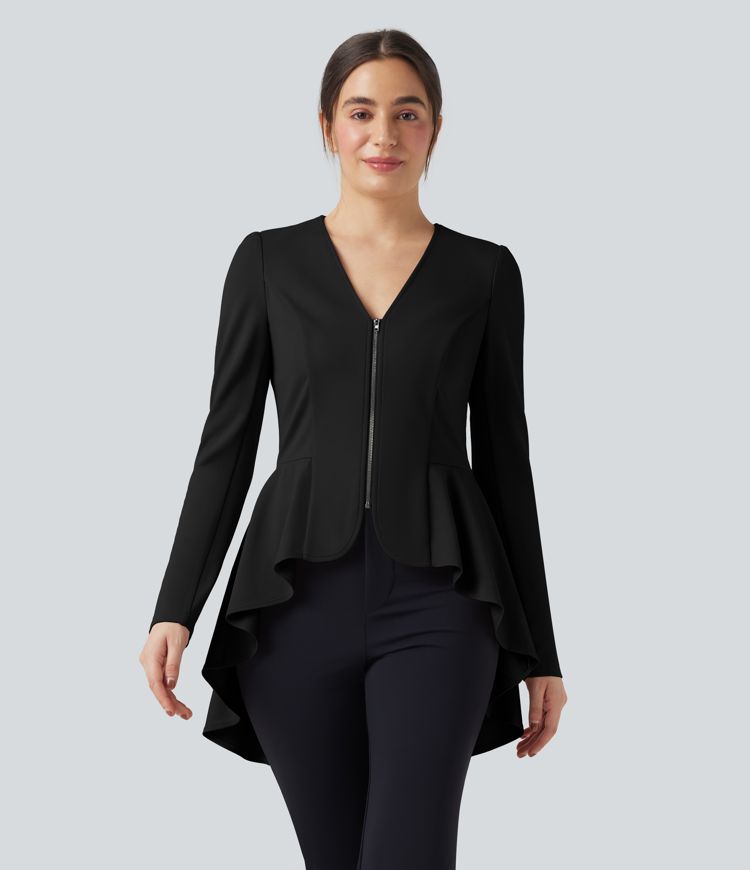 V Neck Long Sleeve Ruffe Hem High Low Work Coat