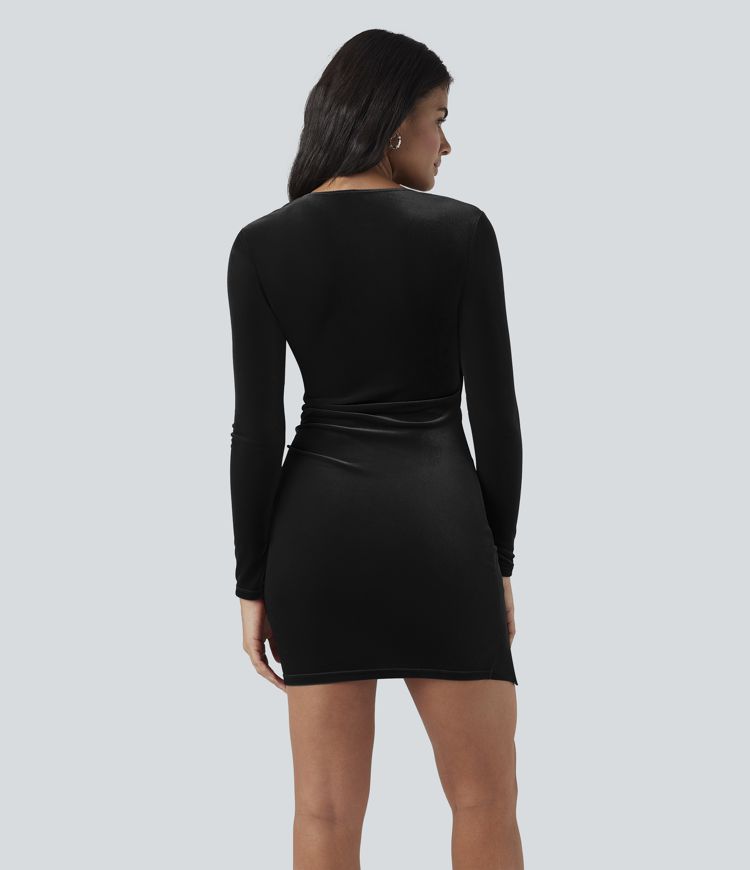 Deep V Neck Long Sleeve Ruched Velvet Mini Bodycon Dresses 