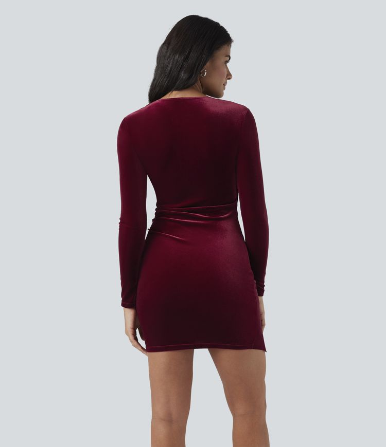 Deep V Neck Long Sleeve Ruched Velvet Mini Bodycon Dresses 