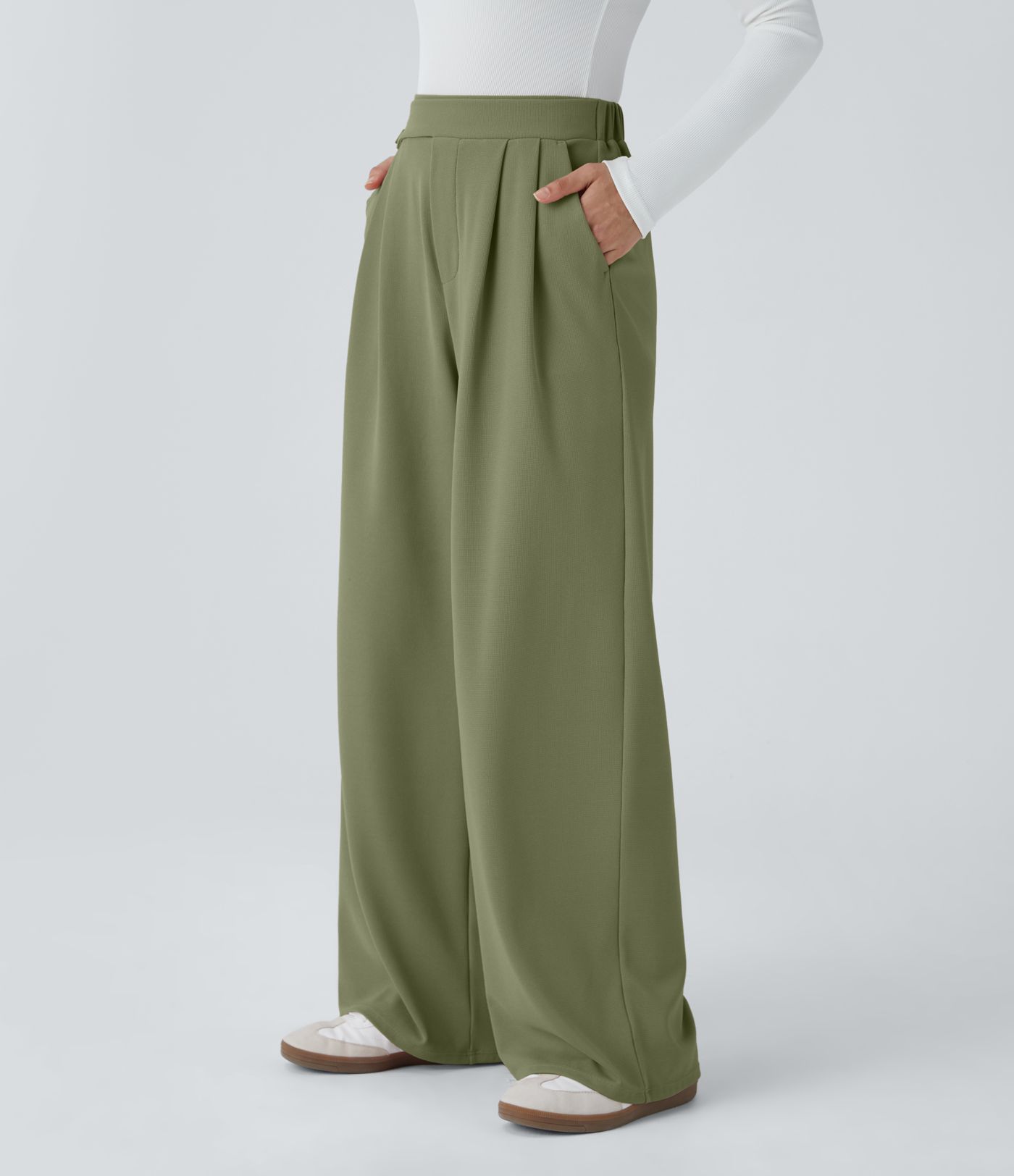 High Waisted Women Wide Leg Baggy Waffle Casual Pants With Pockets