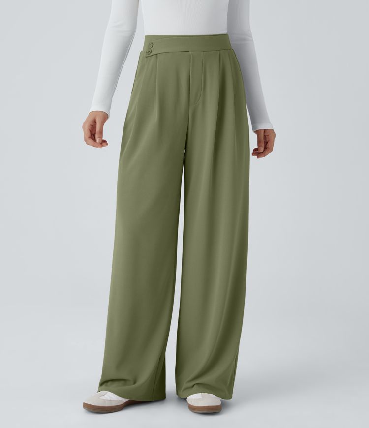 High Waisted Women Wide Leg Baggy Waffle Casual Pants With Pockets