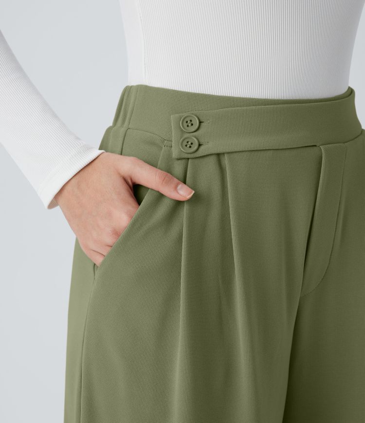High Waisted Women Wide Leg Baggy Waffle Casual Pants With Pockets