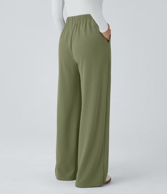 High Waisted Women Wide Leg Baggy Waffle Casual Pants With Pockets