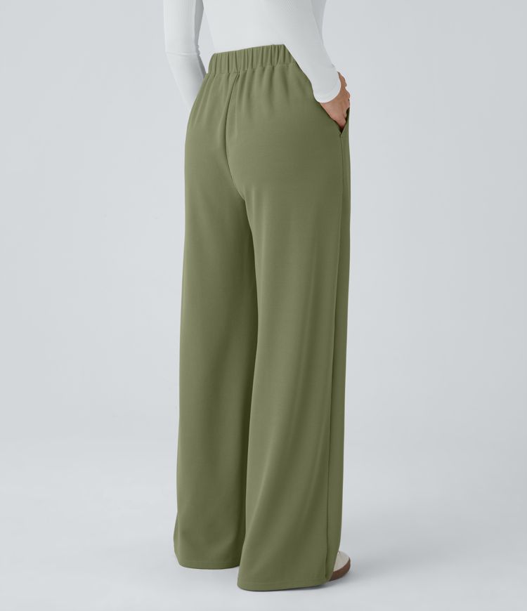 High Waisted Women Wide Leg Baggy Waffle Casual Pants With Pockets