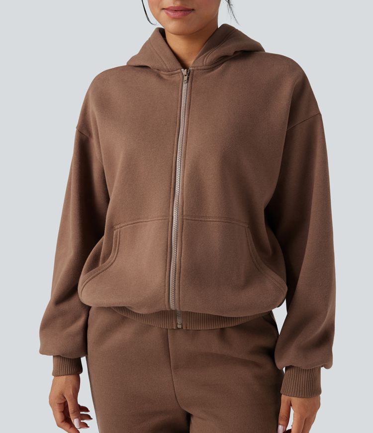 Sudadera casual de polar con capucha, cremallera y bolsillos