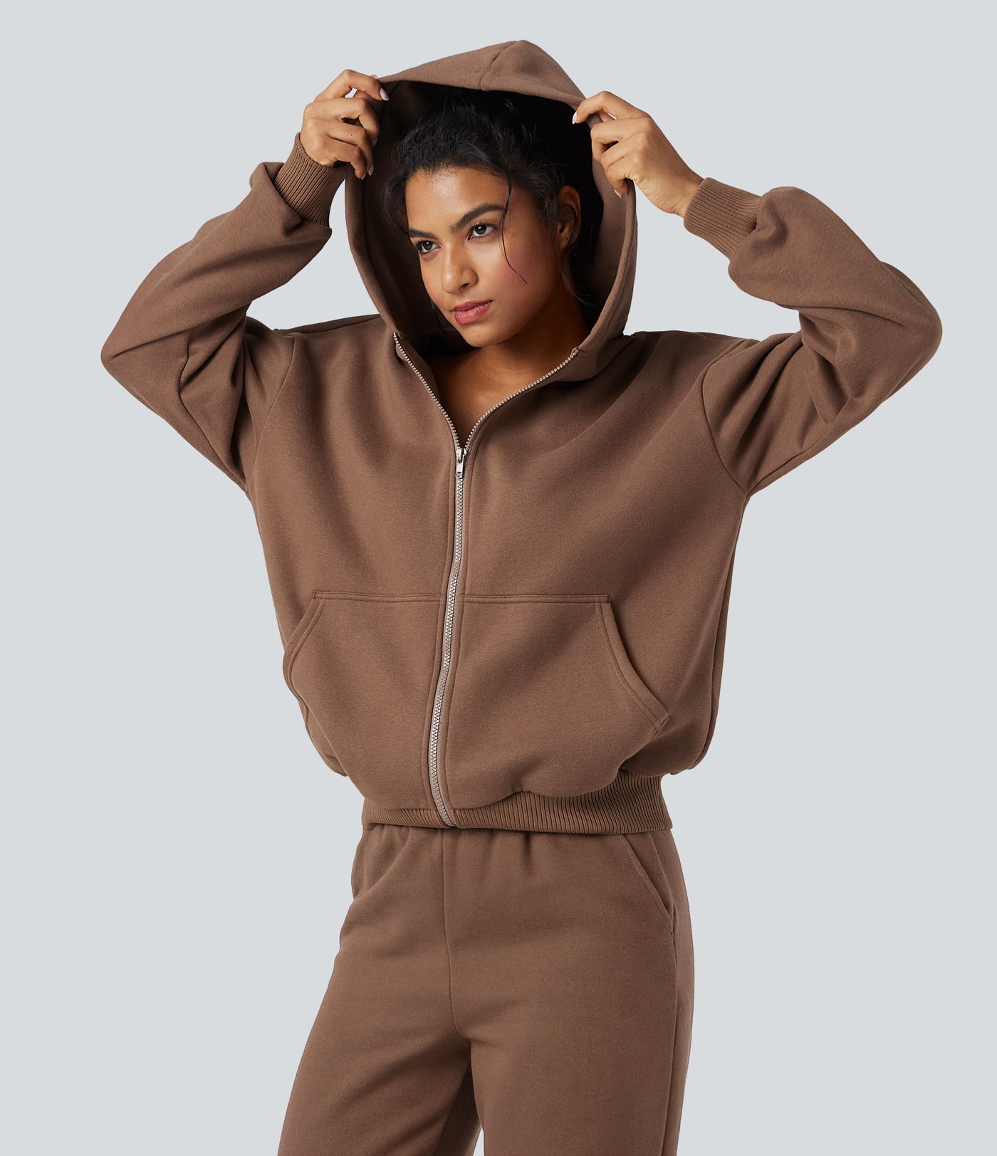 Hooded Zip Fly Fleece Casual Sweatshirt with Pockets