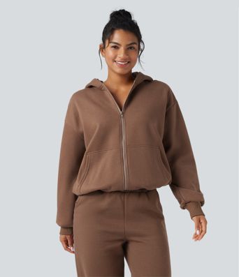 Hooded Zip Fly Fleece Casual Sweatshirt with Pockets