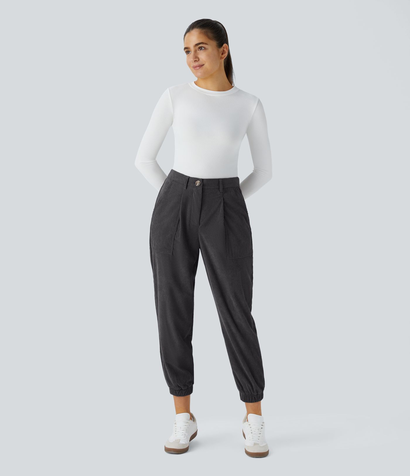 Mid Rise Zipper Pockets Corduroy Casual Joggers
