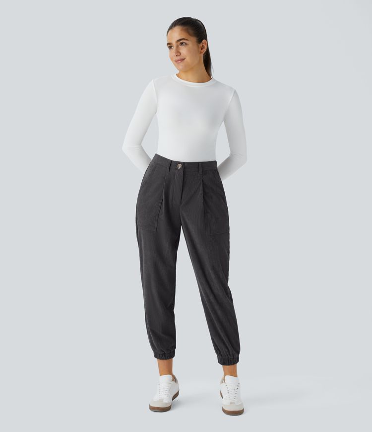 Mid Rise Zipper Pockets Corduroy Casual Joggers