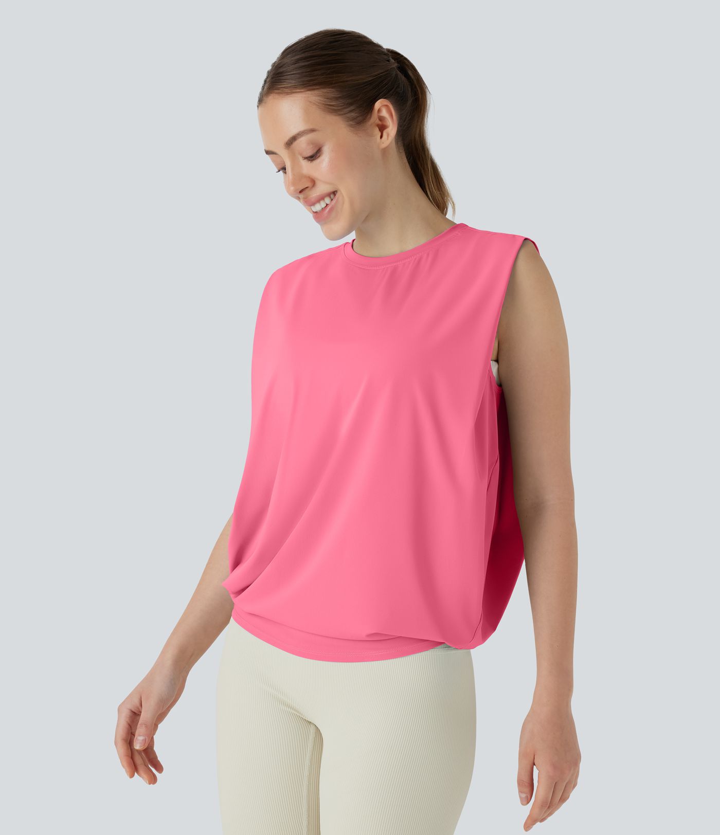 Round neck yoga tank top with ruching, cooling fabric - UPF50+ protection