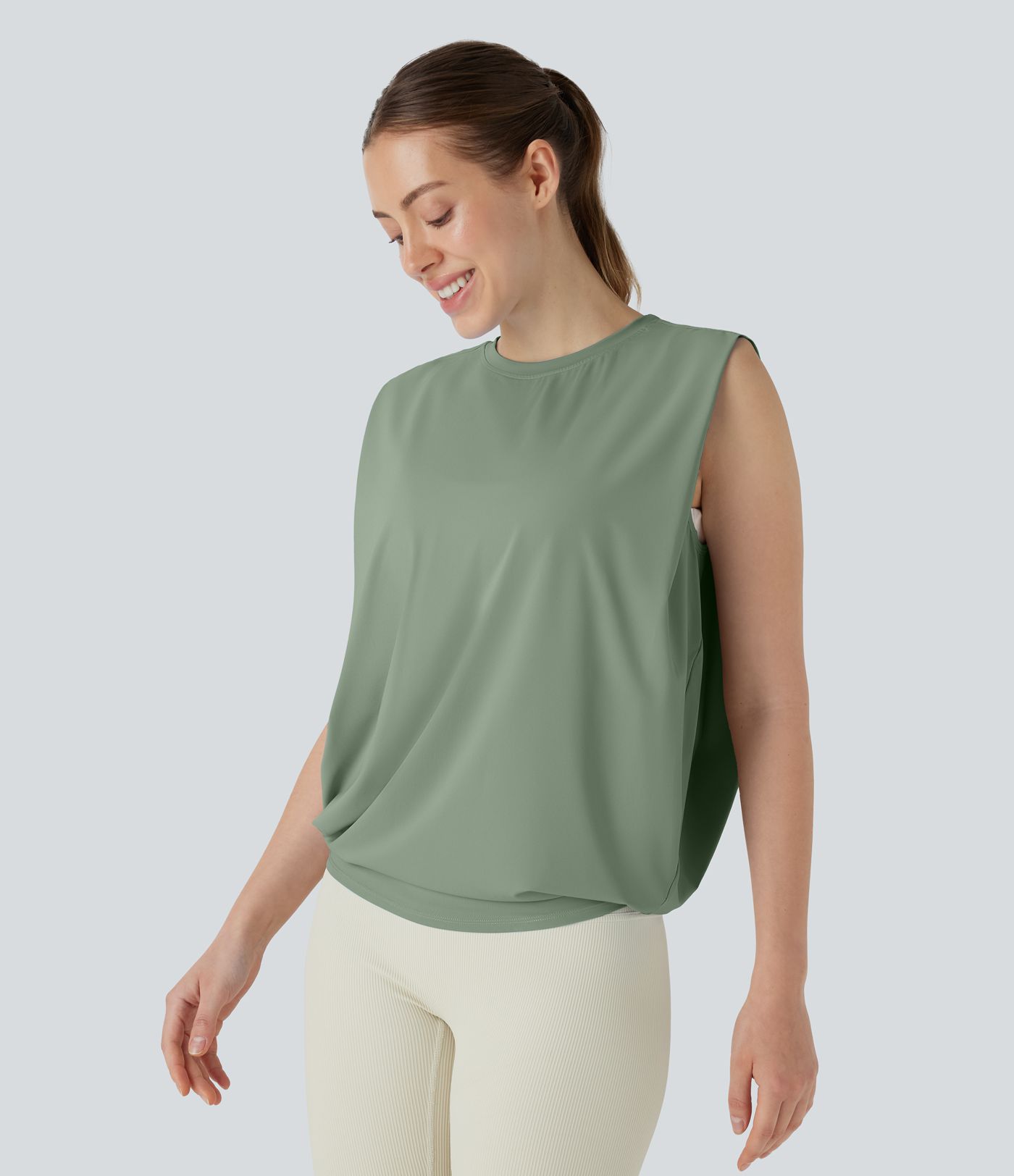 Round Neck Ruched Cool Touch Yoga Tank Top-UPF50+
