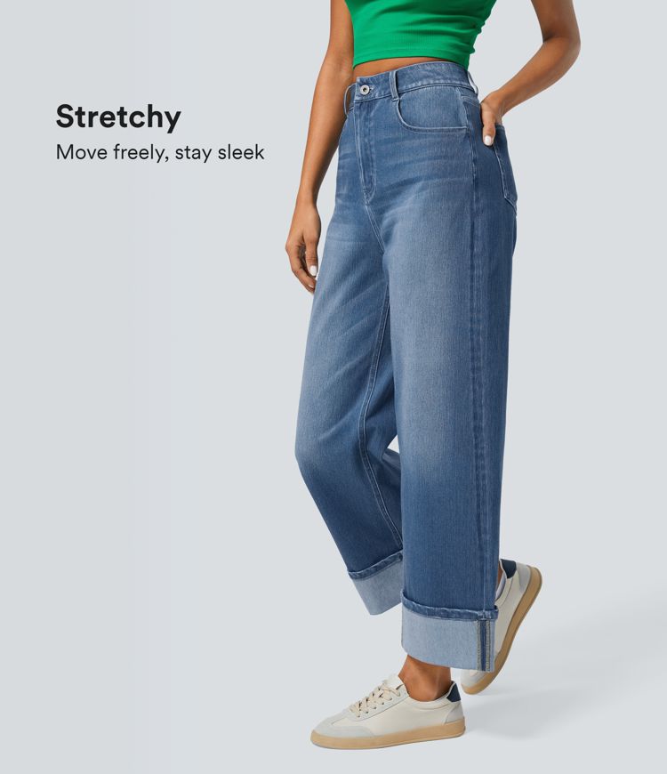 Halara Flex™ High Waisted Pockets Rolled Hem Wide Leg Washed Casual Jeans