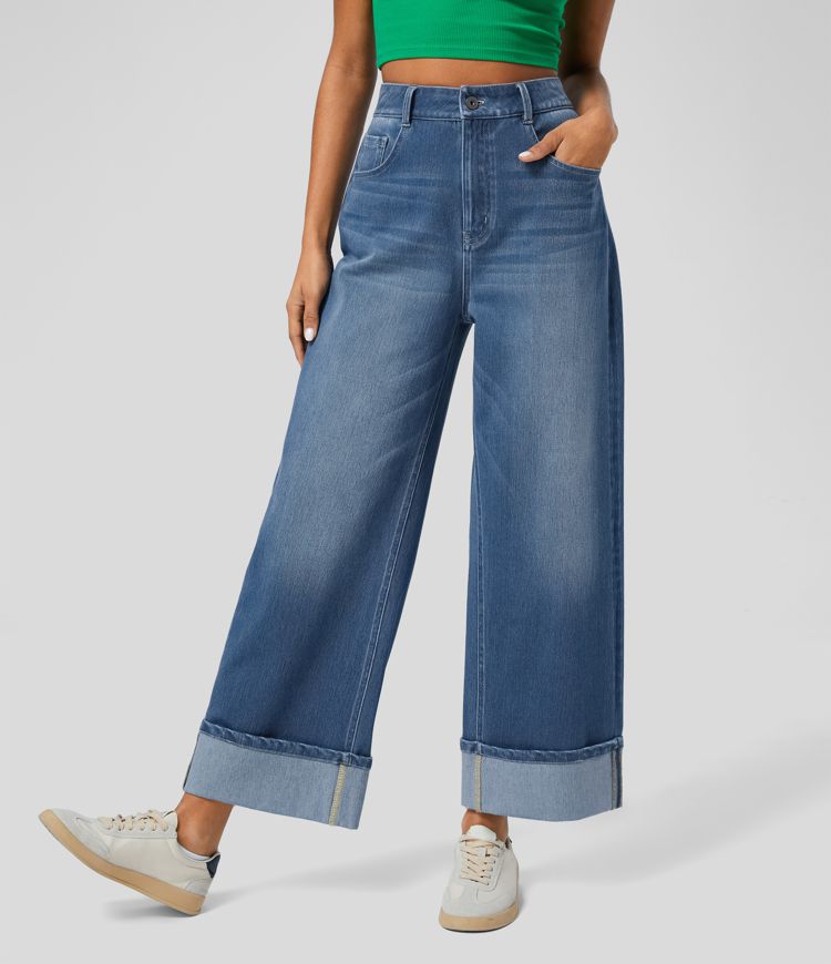 Halara Flex™ High Waisted Multiple Pockets Rolled Hem Wide Leg Washed Stretchy Knit Casual Jeans