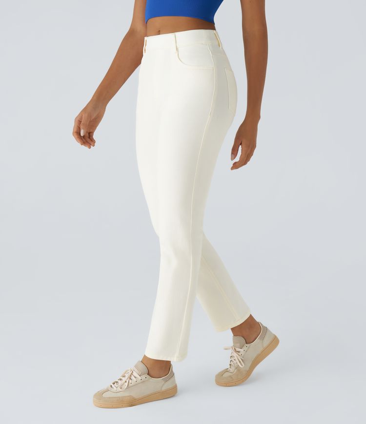 Jean droit Halara Flex™ à taille haute, poches multiples, effet délavé et tissu extensible