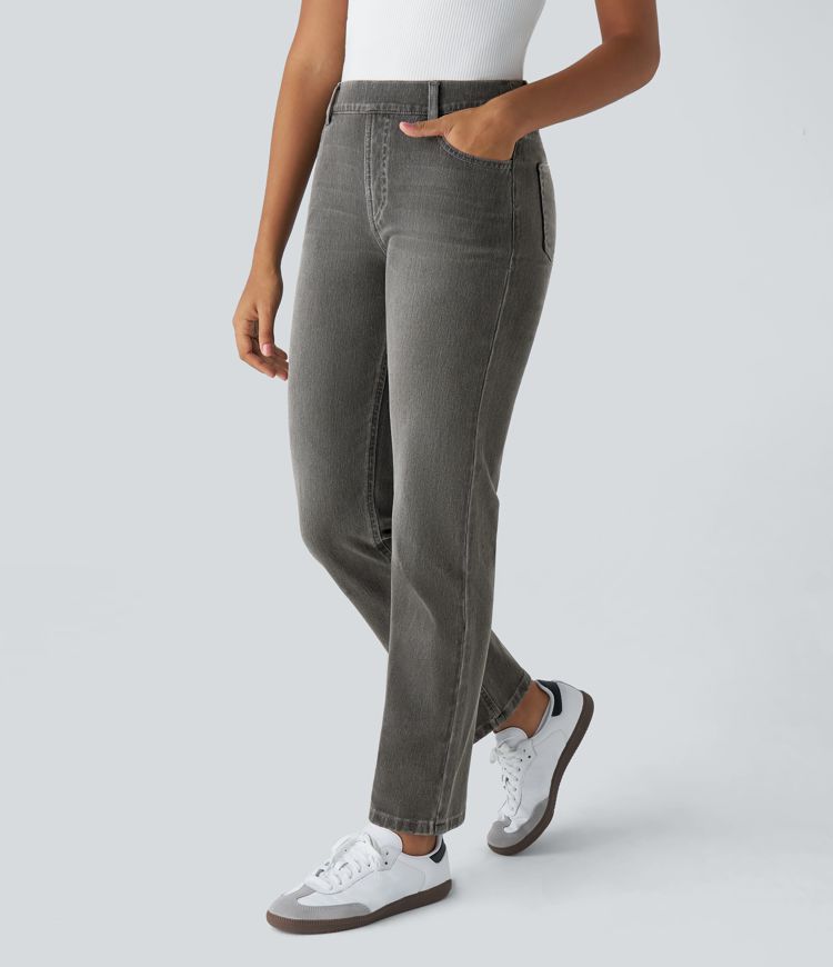 Jean droit Halara Flex™ à taille haute, poches multiples, effet délavé et tissu extensible