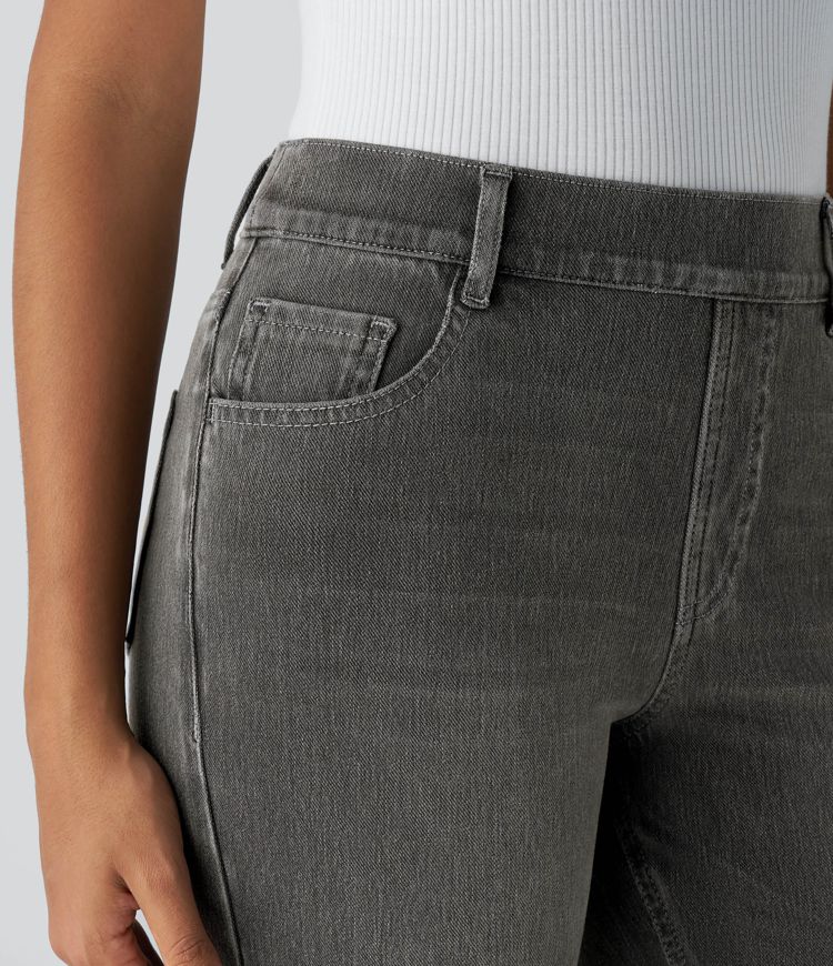 Jean droit Halara Flex™ à taille haute, poches multiples, effet délavé et tissu extensible