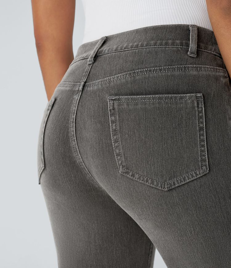 Jean droit Halara Flex™ à taille haute, poches multiples, effet délavé et tissu extensible