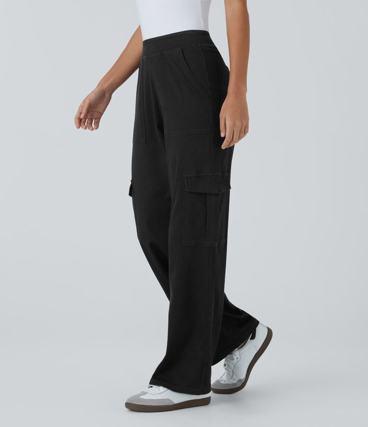 Halara Flex™ lässige Baggy-Hose aus elastischem Strickdenim mit mittelhohem Bund, Cargo-Seitentaschen und geradem Bein