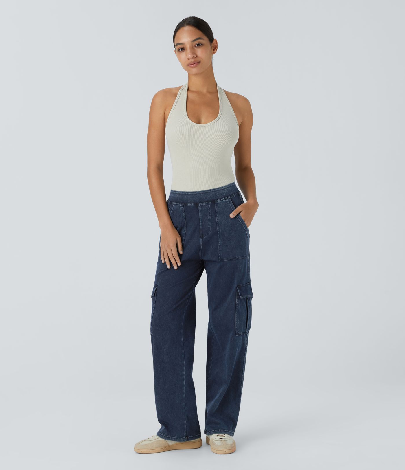 Jeans Halara Flex™ Denim cargo elástico pierna recta múltiple bolsillo tiro medio