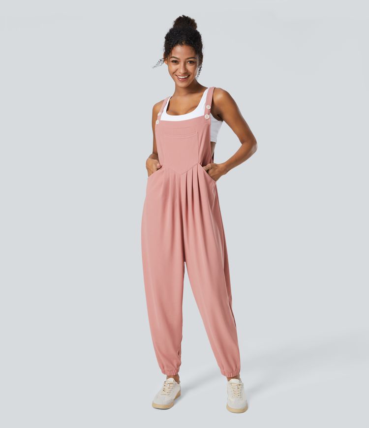 Adjustable Strap Button Multiple Pockets Waffle Casual Jogger Overalls