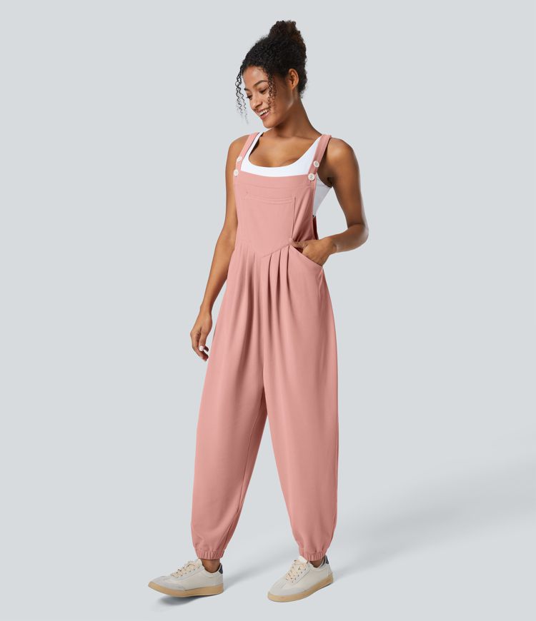 Adjustable Strap Button Multiple Pockets Plicated Waffle Casual Jogger Overalls