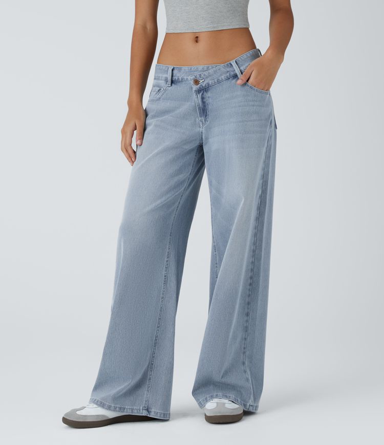 Halara Flex™ Asymmetric Low Rise Zipper Pockets Baggy Wide Leg Washed Casual Jeans