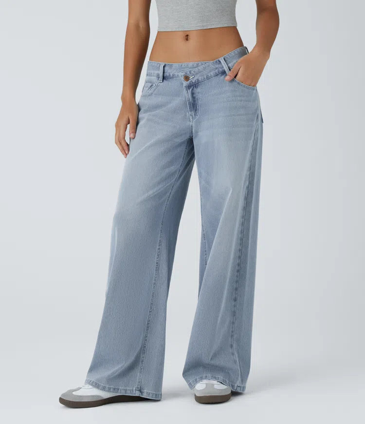 Halara Flex™ Asymmetric Low Rise Zipper Pockets Baggy Wide Leg Washed Casual Jeans