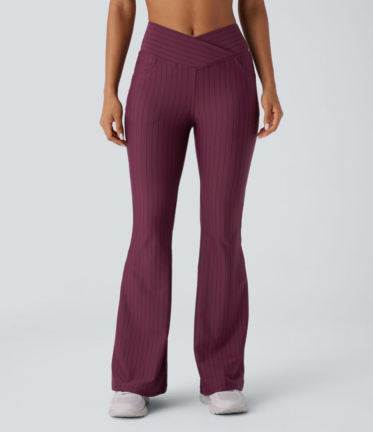 Crossover High Waisted Pockets Stripe Flare Cool Touch Yoga Leggings