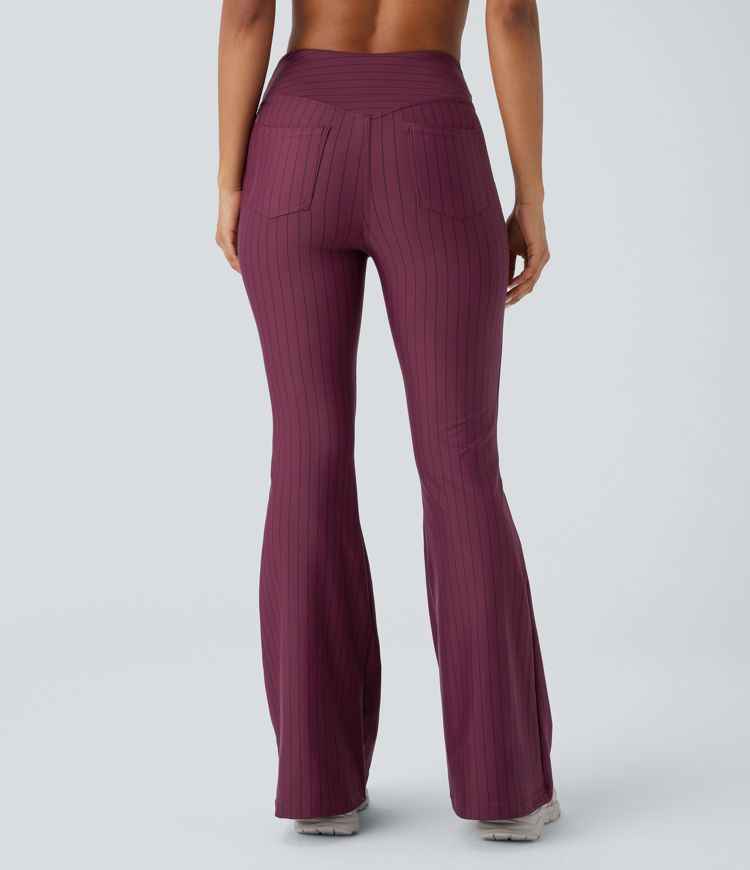 Crossover High Waisted Pockets Stripe Flare Cool Touch Yoga Leggings