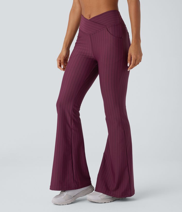 Crossover High Waisted Pockets Stripe Flare Cool Touch Yoga Leggings