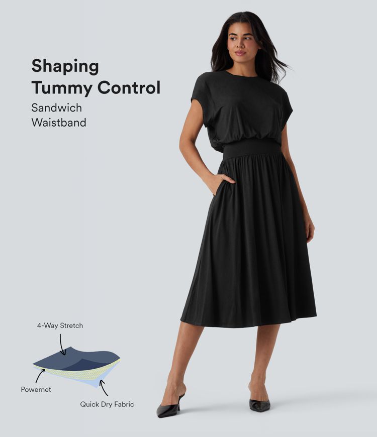 SoCinched Tummy Control Batwing Sleeve Flowy Midi Work Dress with Pockets