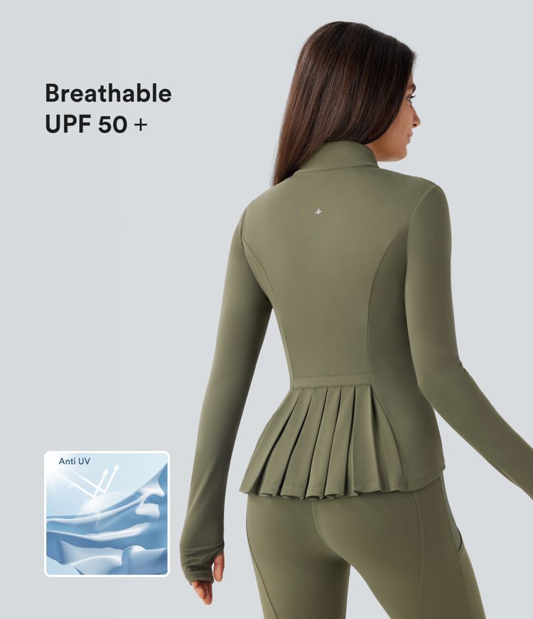 SoftlyZero™ Stand Collar Thumb Hole Pockets Pleated Zipper Slim Jacket-UPF50+