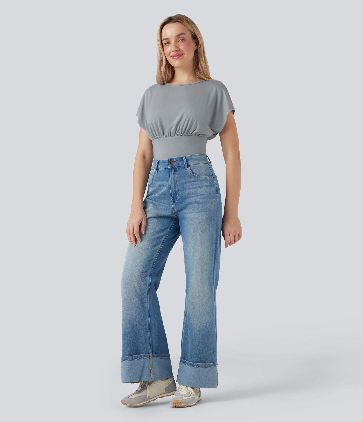 Round Neck Batwing Short Sleeve Casual Bodysuit