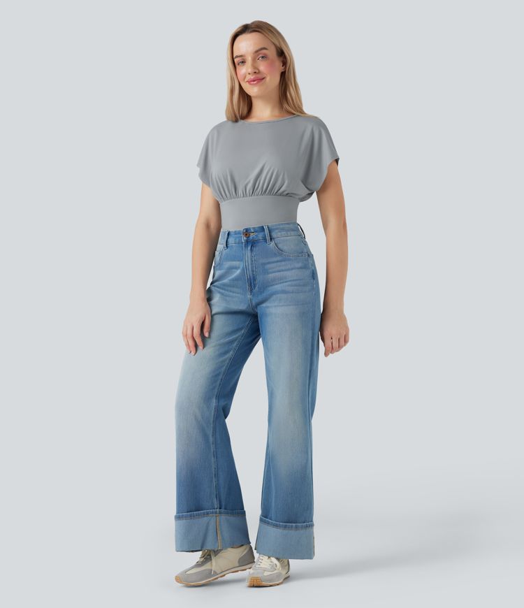 Round Neck Batwing Short Sleeve Casual Bodysuit