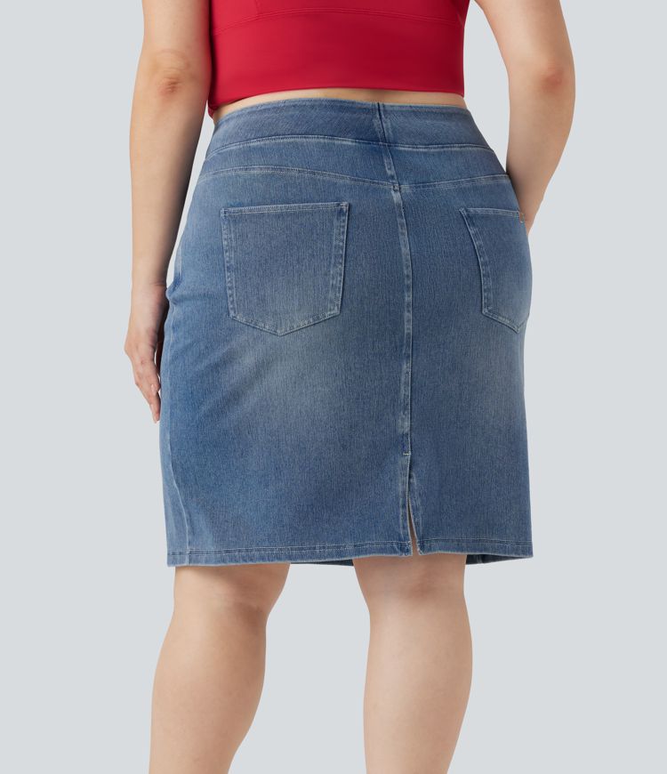 Plus Size Halara Flex™ High Waisted Washed Denim Casual Skirt with Pockets