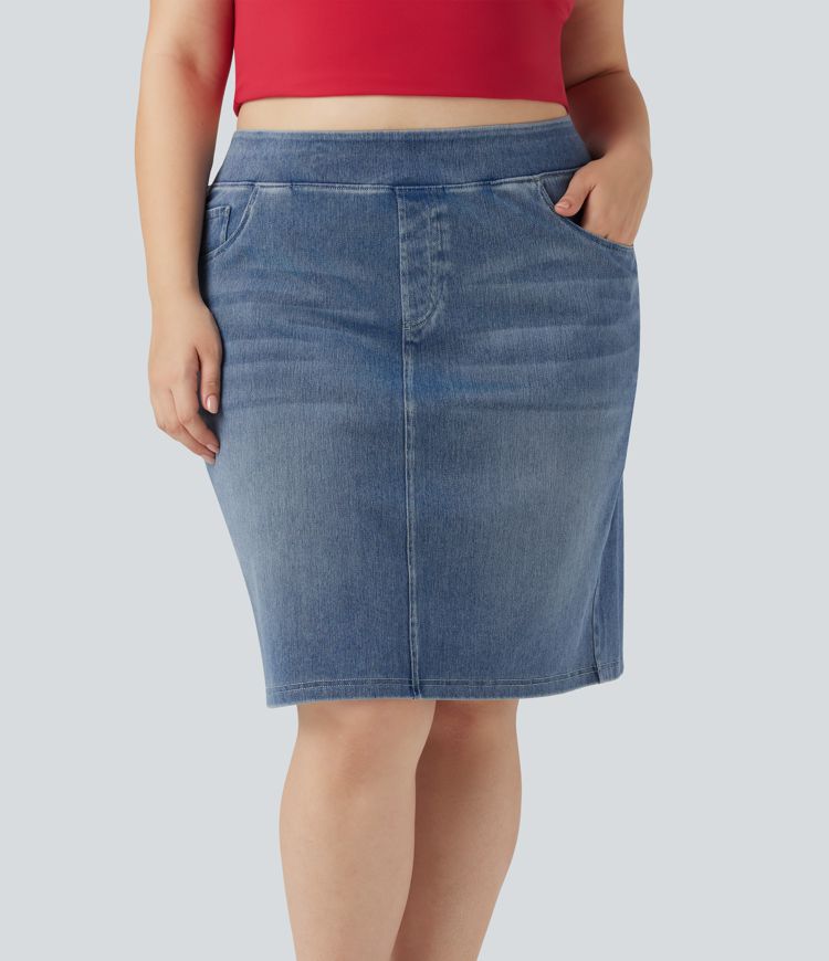 Plus Size Halara Flex™ High Waisted Washed Denim Casual Skirt with Pockets