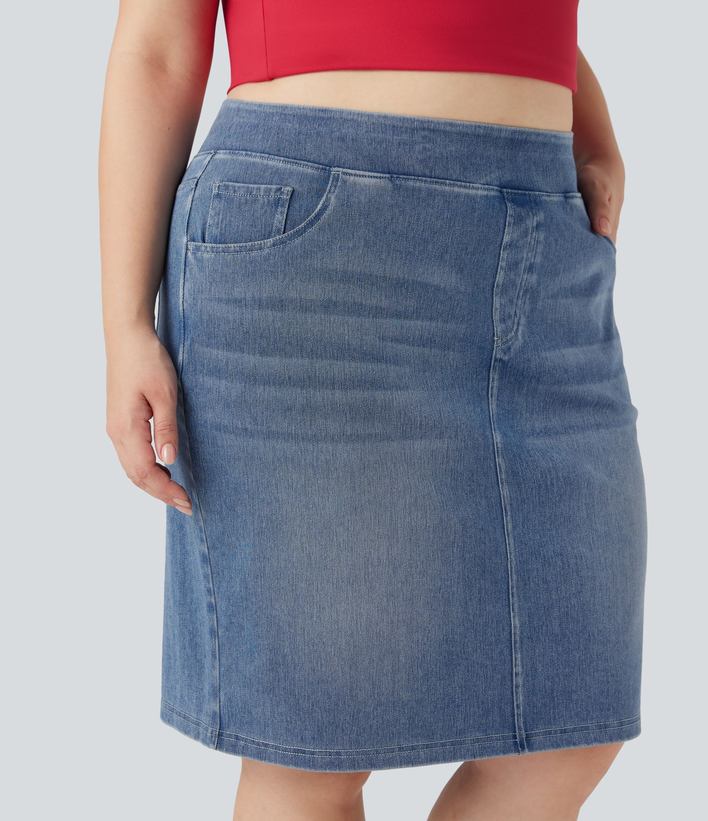 Plus Size Halara Flex™ High Waisted Washed Denim Casual Skirt with Pockets