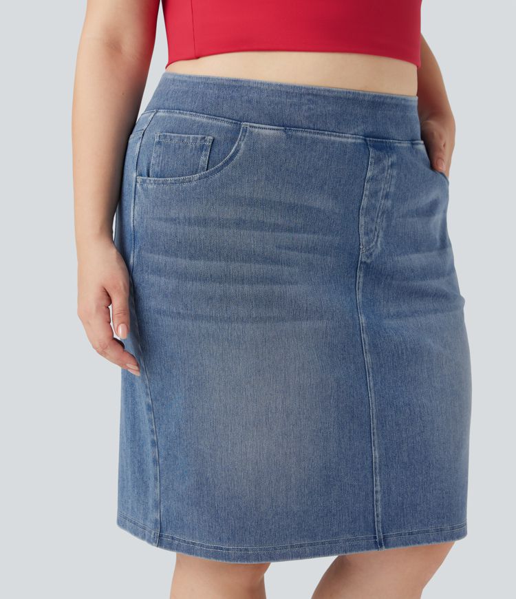 Plus Size Halara Flex™ High Waisted Washed Denim Casual Skirt with Pockets