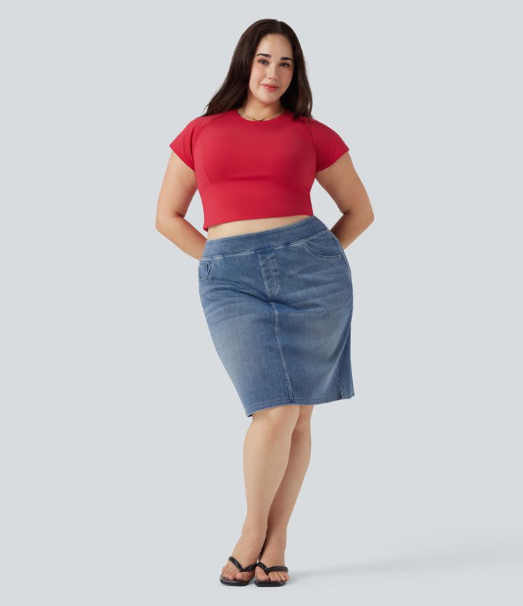 Plus Size Halara Flex™ High Waisted Washed Denim Casual Skirt with Pockets