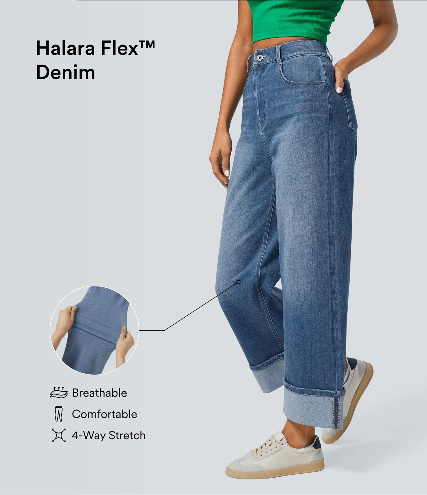 Halara Flex™ gewaschene Freizeitjeans aus elastischem Strick-Denim mit hohem Bund, mehreren Taschen, Rollsaum und weitem Bein