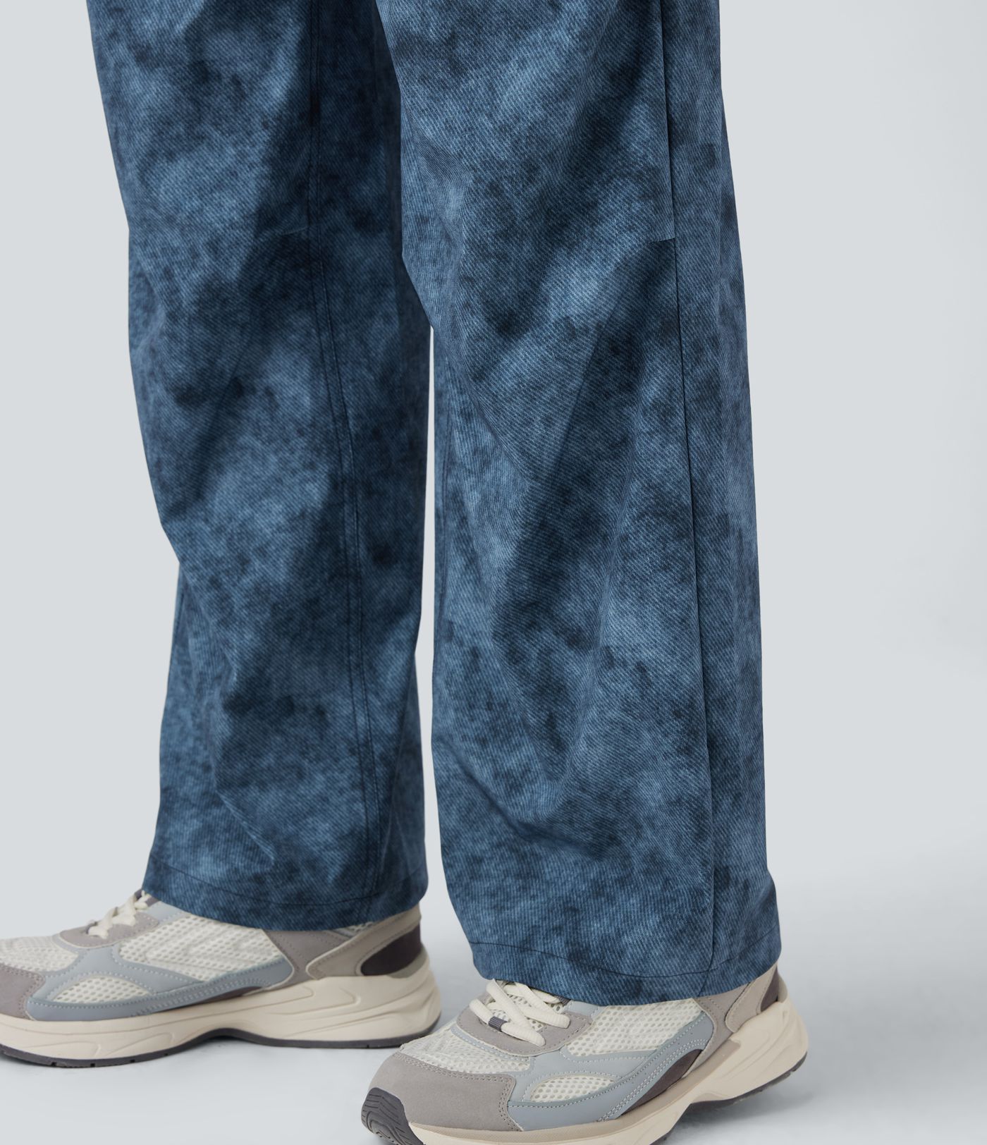 Adjustable Mid Rise Denim Print Camping Straight Leg Pants with Pockets