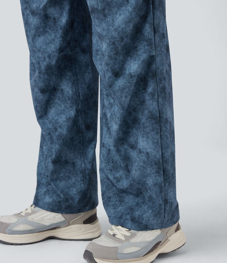 Adjustable Mid Rise Denim Print Camping Straight Leg Pants with Pockets