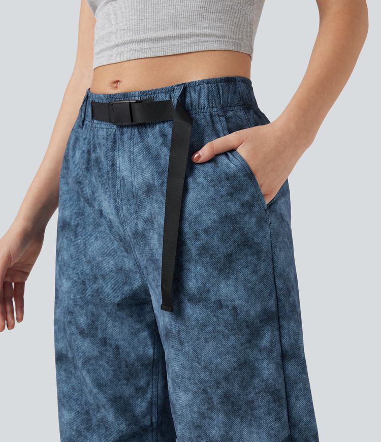 Adjustable Mid Rise Denim Print Camping Straight Leg Pants with Pockets