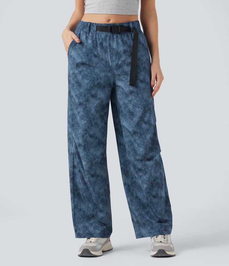 Adjustable Mid Rise Denim Print Camping Straight Leg Pants with Pockets